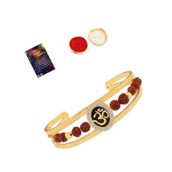 Gold Plated "OM" Kada Rakhi For Bhaiya With Kankawati Pooja Thali  Roli Chawal And Greeting Card 2