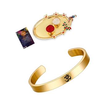 Golden "OM" Kada Rakhi For Bhaiya With Kankawati Pooja Thali  Roli Chawal And Greeting Card 1