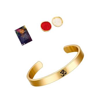 Golden "OM" Kada Rakhi For Bhaiya With Kankawati Pooja Thali  Roli Chawal And Greeting Card 2