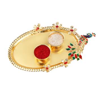 Golden "OM" Kada Rakhi For Bhaiya With Kankawati Pooja Thali  Roli Chawal And Greeting Card 4