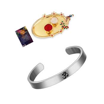 Silver Plated "OM" Kada Rakhi  for Bhaiya With Kankawati Pooja Thali  Roli Chawal and Greeting Card 1
