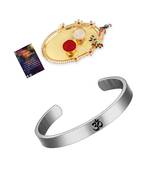 Silver Plated "OM" Kada Rakhi  for Bhaiya With Kankawati Pooja Thali  Roli Chawal and Greeting Card
