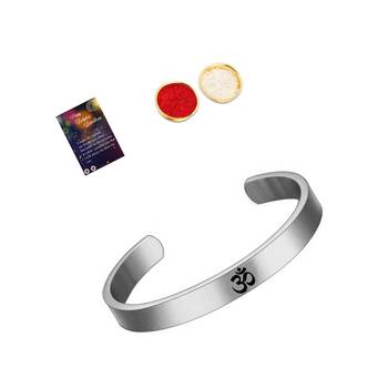 Silver Plated "OM" Kada Rakhi  for Bhaiya With Kankawati Pooja Thali  Roli Chawal and Greeting Card 2