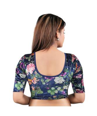 Velvet Stretchable Round Neck Navy-Blue Blouse 2