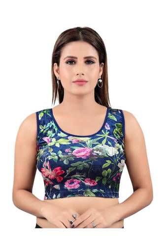Velvet Stretchable Round Neck Navy-Blue Blouse