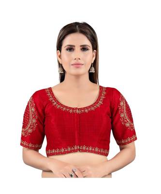 Mulbury Silk Front Open Round Neck Dark-Red Blouse 1