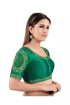 Mulbury Silk Front Open Round Neck Green Blouse