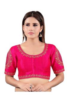 Mulbury Silk Front Open Round Neck Magenta Blouse