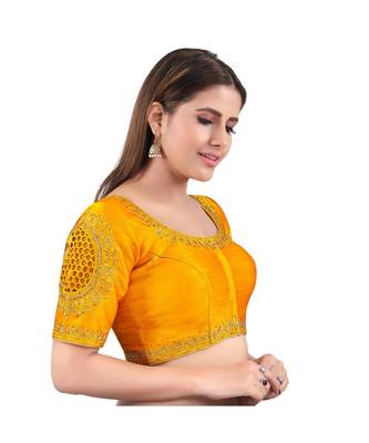 Mulbury Silk Front Open Round Neck Mustard Blouse 3