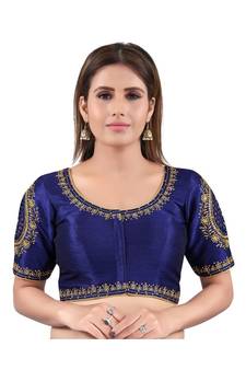 Mulbury Silk Front Open Round Neck Navy-Blue Blouse
