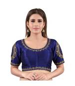 Mulbury Silk Front Open Round Neck Navy-Blue Blouse