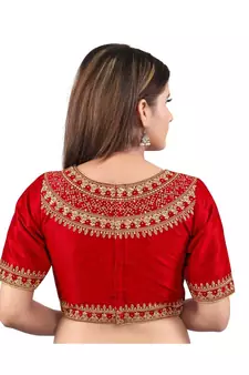 Red Silk Embroidered Readymade Saree Blouse