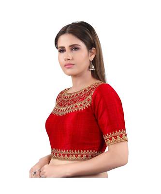 Red Silk Embroidered Readymade Saree Blouse 3
