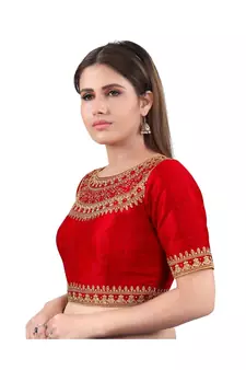 Red Silk Embroidered Readymade Saree Blouse