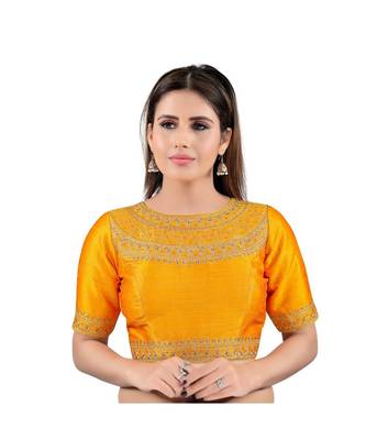 Mulbury Silk Back Open Boat Neck Mustard Blouse 1