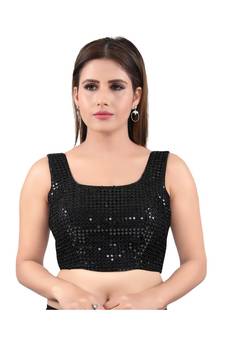 Silk Back Open Square Neck Black Blouse