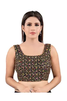 Silk Back Open Square Neck Black-Multi Blouse