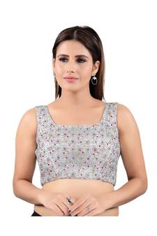 Silk Back Open Square Neck Silver-Multi Blouse