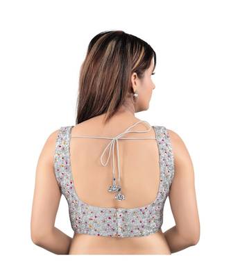 Silk Back Open Square Neck Silver-Multi Blouse 2