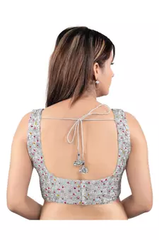 Silk Back Open Square Neck Silver-Multi Blouse