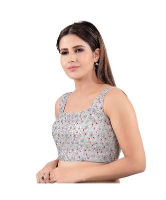 Silk Back Open Square Neck Silver-Multi Blouse 3