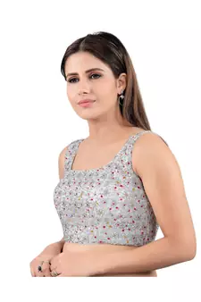Silk Back Open Square Neck Silver-Multi Blouse
