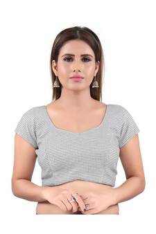 Brocade Back Open Round Neck Silver Blouse