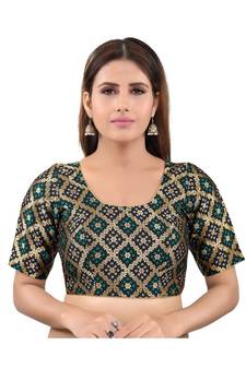 Brocade Back Open Round Neck Black Blouse