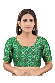 Brocade Back Open Round Neck Green Blouse