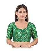 Brocade Back Open Round Neck Green Blouse