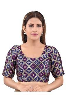 Brocade Back Open Round Neck Navy-Blue Blouse