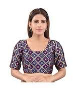 Brocade Back Open Round Neck Navy-Blue Blouse