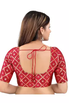 Brocade Back Open Round Neck Red Blouse
