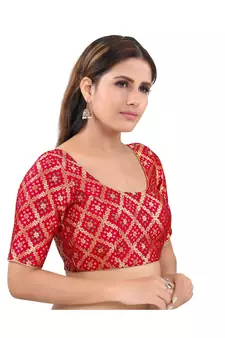 Brocade Back Open Round Neck Red Blouse