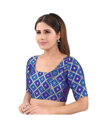 Royal Blue Brocade Printed Readymade Saree Blouse 3