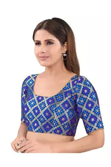 Royal Blue Brocade Printed Readymade Saree Blouse