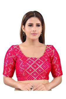 Brocade Back Open Round Neck Tomato-Pink Blouse