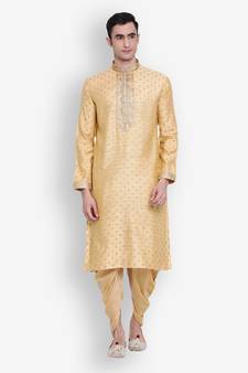 Sanwara Men's Gold & Fawn Woven Design Straight Kurta with Kaul Dhoti