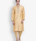 Sanwara Men's Gold & Fawn Woven Design Straight Kurta with Kaul Dhoti