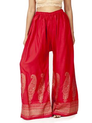ETHNIC GIRLS Gold Block Print Free Size Red Rayon Palazzo Pants 1