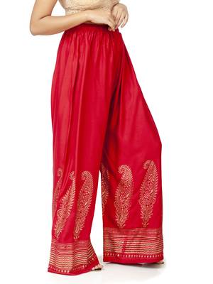 ETHNIC GIRLS Gold Block Print Free Size Red Rayon Palazzo Pants 2