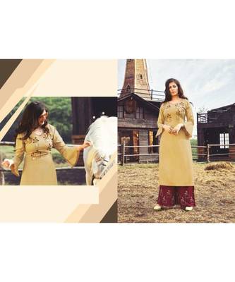 Beige embroidered Pure Rayon Kurti palazzo Sets 3