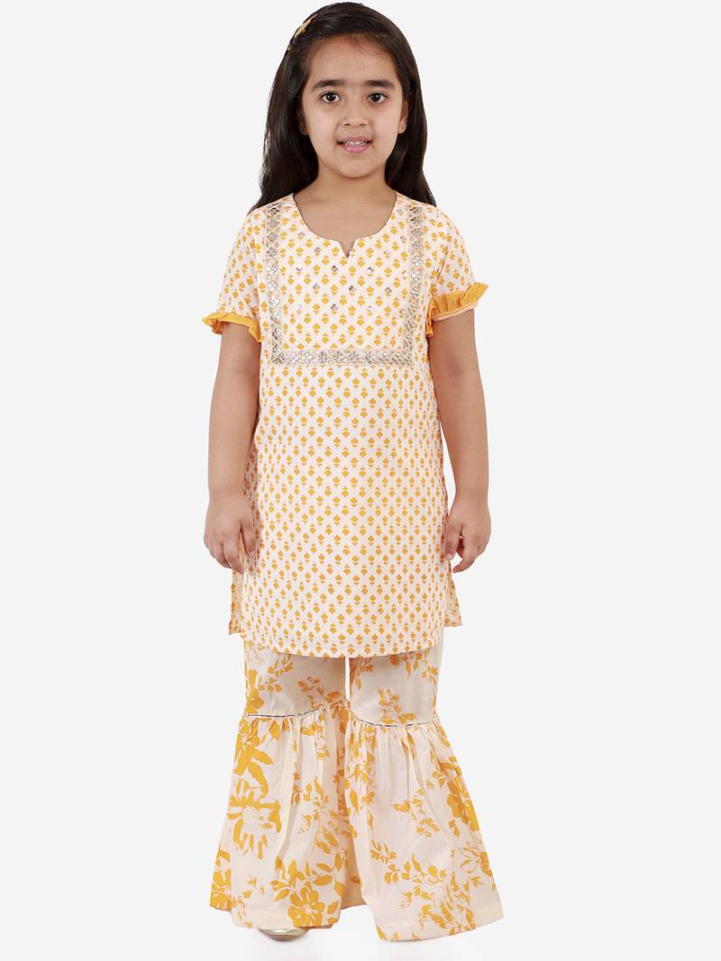 Yellow printed cotton girls-top-bottom