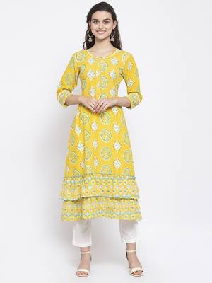 Yellow printed cotton cotton-kurtis 1