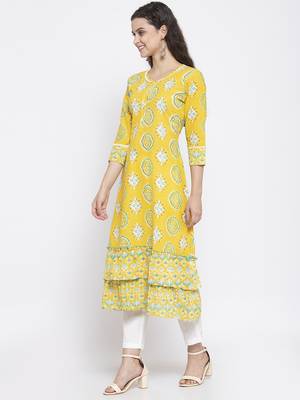 Yellow printed cotton cotton-kurtis 4