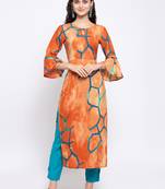 Peach printed rayon cotton-kurtis