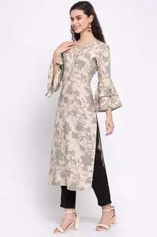 Beige printed rayon cotton-kurtis