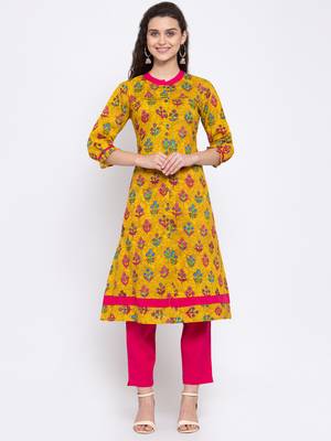 Yellow printed cotton cotton-kurtis 1