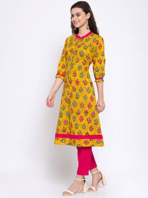 Yellow printed cotton cotton-kurtis 3
