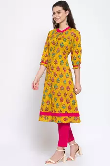 Yellow printed cotton cotton-kurtis